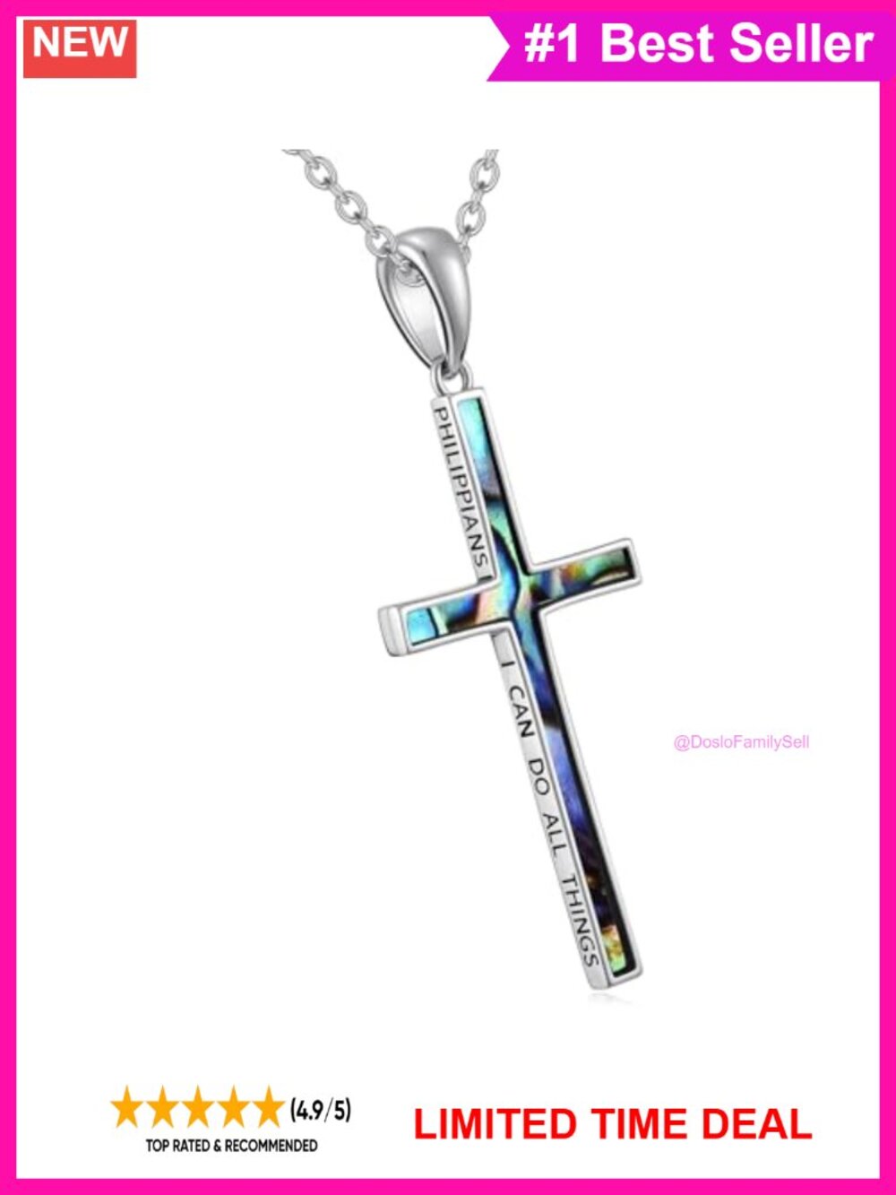925 Sterling Silver Cross Necklace Philippians 4:13 Abalone Pendant 18 in